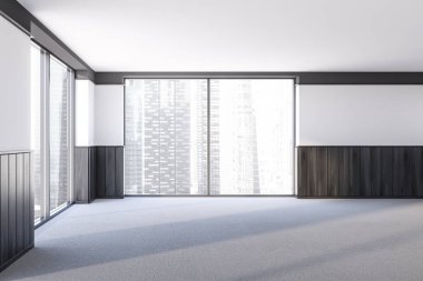 Beyaz ve koyu ahşap duvarlar, halı kaplı zemin ve büyük pencereler ile cityscape boş oda iç. İç Tasarım kavramı. 3D render
