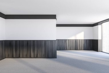 Beyaz ve koyu ahşap duvarlar, halı kaplı zemin ve büyük pencere boş oda iç. İç Tasarım kavramı. 3D render