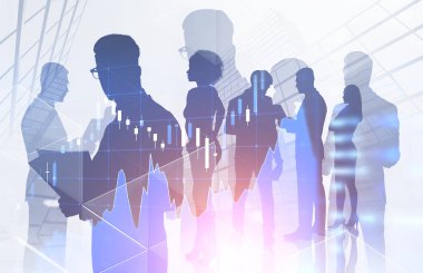 Forex grafik çift pozlama ile siluetleri Broker gökdelen arka plan üzerinde. Borsa kavramı. Tonlu görüntü
