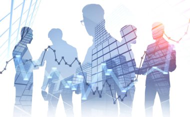 Siluetleri yöneticilerin iş grafikleri çift pozlama ile gökdelen arka plan üzerinde tartışıyor. Borsa kavramı. Tonlu görüntü