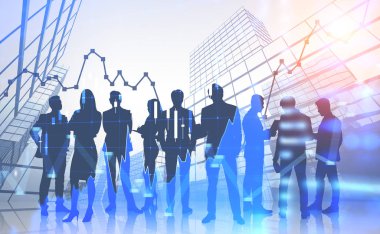 Siluetleri iş adamları iş Forex grafik çift pozlama ile gökdelen arka plan üzerinde tartışıyor. Borsa kavramı. Tonlu görüntü