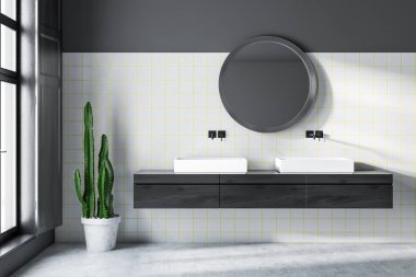 Modern banyo çift lavabo siyah ahşap tezgah ve yuvarlak ayna üzerinde duran ile gri ve beyaz taş duvarlar, beton zemin, iç. 3D render