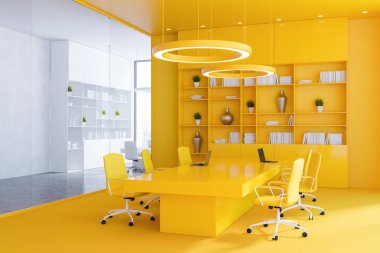 Toplantı odası ile sarı duvarlar ve zemin, sarı sandalye ve sarı kitaplık ile uzun tablo office köşesinde. 3D render
