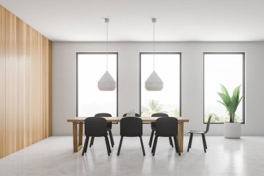 Beyaz ve ahşap duvar, taş zemine, üç büyük pencereler ve uzun ahşap masa etrafında gri sandalye ile modern yemek odası iç. 3D render