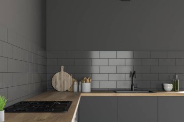 Gri ve ahşap mutfak fırın ve mutfak Gri duvarlar ile ayakta lavabo tezgahı ile inşa kapatın. 3D render