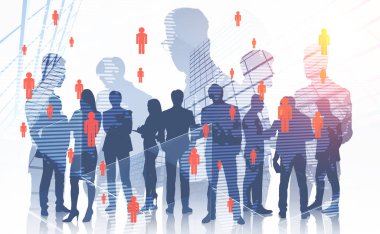 İnsanlar ağ dünya haritası üzerinde çift pozlama ile siluetleri yöneticilerinin ve iş adamları gökdelen arka plan üzerinde. Tonlu görüntü. Nasa tarafından döşenmiş bu görüntü unsurları