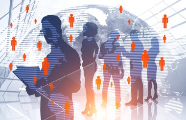 Küresel insan ağının çift pozlama ile siluetleri gökdelen arka plan üzerinde çeşitli iş takım üyelerinin. Tonlu görüntü. Nasa tarafından döşenmiş bu görüntü unsurları