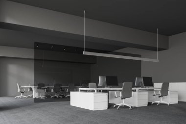 Modern ofis Gri duvarlar ve zemin, açık alan alan beyaz bilgisayar masaları ve gri sandalyeler ve konferans odası cam duvarın arkasında köşesinde. 3D render