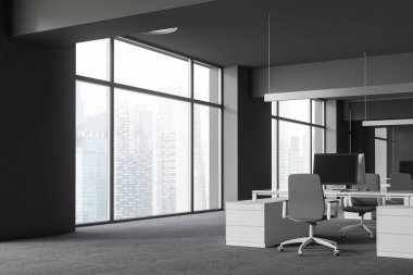 Açık alan office Gri duvarlar ve zemin, geniş pencereler ve gri sandalye ile beyaz bilgisayar masaları ile köşesinde. 3D render