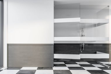 Minimalist banyo beyaz ve gri tuğla duvarlar, kiremitli kat ve duş beyaz ve cam kapı ile iç. 3D render
