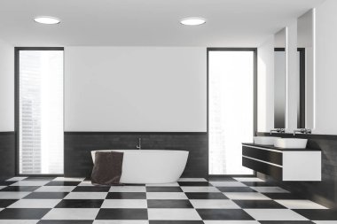 Şık banyo beyaz küvet arada pencere eşiği ve çift lavabo dikey aynalar ile ayakta beyaz ve gri tuğla duvarlı, kiremitli kat, iç. 3D render