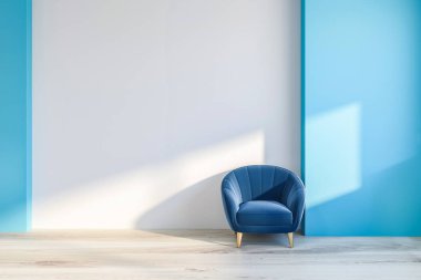 Beyaz ve mavi duvarlar, ahşap zemin ve ahşap ayaklı rahat mavi koltuk minimalist oturma odası iç. 3D render