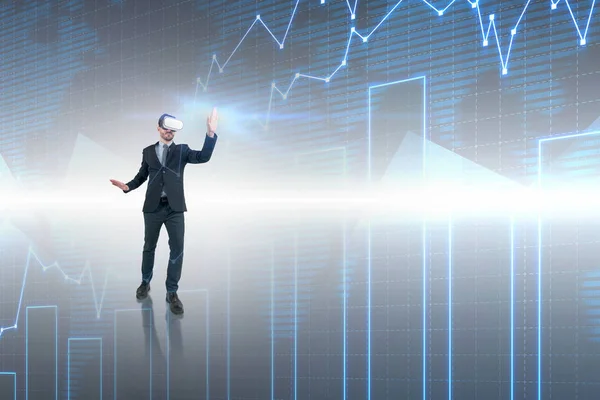 Бородатый Бизнесмен Очках Виртуальной Реальности Работающий Диаграммами Концепция Будущего Фондового — стоковое фото
