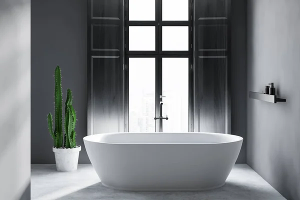 Interior Baño Minimalista Con Paredes Grises Suelo Hormigón Bañera Blanca — Foto de Stock