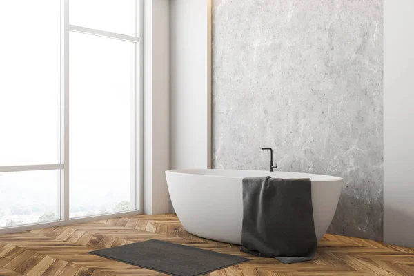Corner Minimalistic Bathroom White Concrete Walls Wooden Floor Large Window — Stock Photo, Image