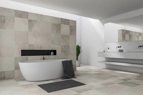 Ecke Des Stilvollen Badezimmers Mit Weißen Und Beigen Fliesenwänden Weißer — Stockfoto