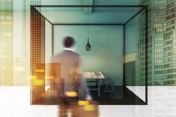Empresario Interior Oficina Moderna Con Paredes Verdes Suelo Baldosas Mesa — Foto de Stock
