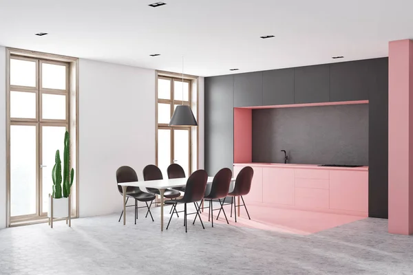 Corner Kitchen White Pink Walls Honeycomb Pattern Floor Pink Countertops — Stock Photo, Image