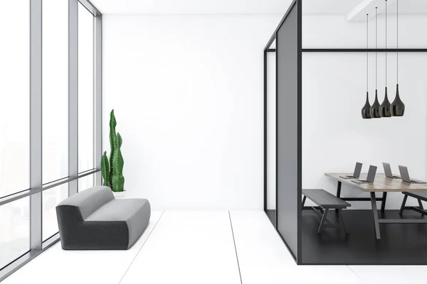 Bureau Wachtkamer Interieur Met Witte Muren Vloer Kantoorruimte Met Glas — Stockfoto