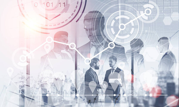 Two young businessmen shaking hands in panoramic office with double exposure of their colleagues, graphs and hud. Toned image