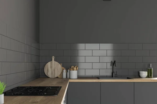 Primer Plano Encimeras Cocina Gris Madera Con Horno Incorporado Fregadero — Foto de Stock