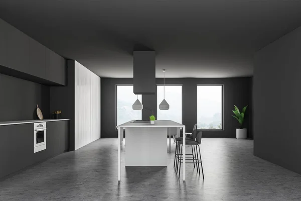 Side view of modern kitchen with gray walls, stone floor, dark gray countertops, white cupboards and white bar with stools. 3d rendering