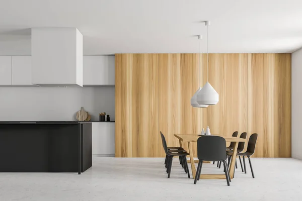 Interior Dari Dapur Bergaya Dengan Dinding Putih Lantai Batu Meja — Stok Foto