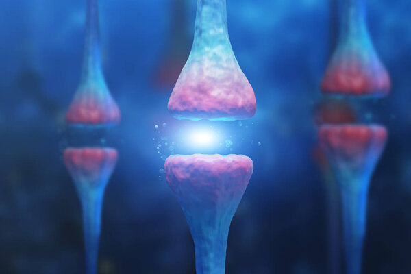 Abstract image of three pink and white vertical neurons over blue background with nervous cells. Concept of science and medicine. 3d rendering
