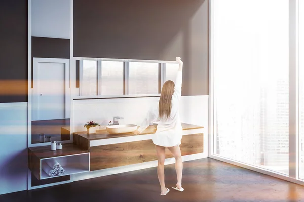 Woman Corner Modern Bathroom White Gray Walls Concrete Floor Double — Stock Photo, Image