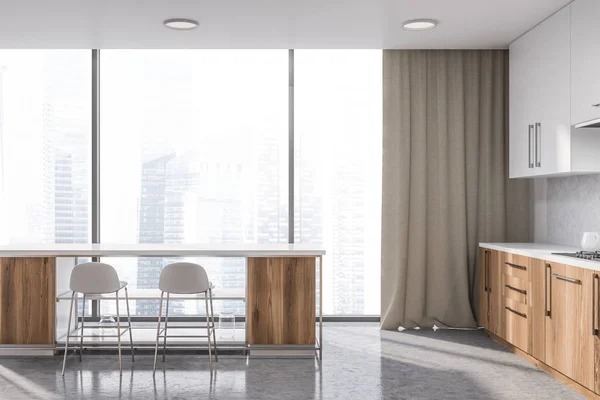 Interno Cucina Panoramica Con Pareti Bianche Pavimento Cemento Piani Legno — Foto Stock