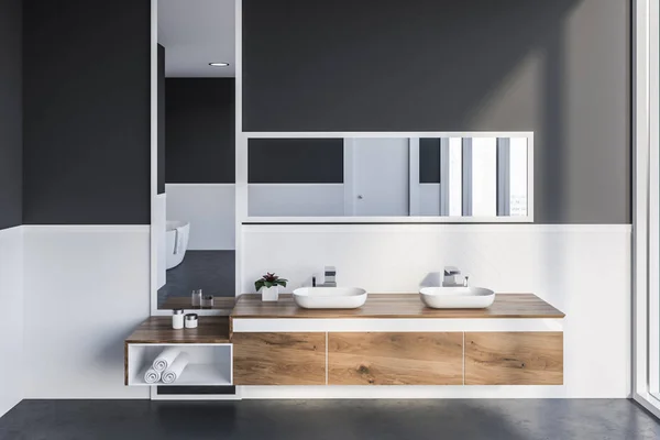 Interior Baño Moderno Con Paredes Blancas Grises Suelo Hormigón Doble — Foto de Stock