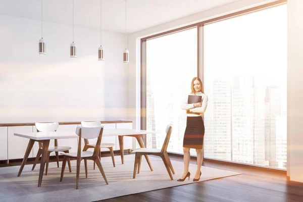 Woman Corner Stylish Dining Room White Walls Dark Wooden Floor — Stock Photo, Image