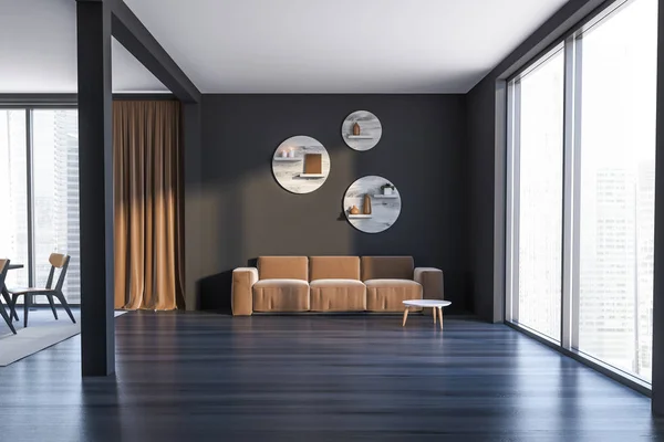 Innenraum Des Wohnzimmers Mit Grauen Wänden Schwarzem Holzboden Panoramafenster Und — Stockfoto