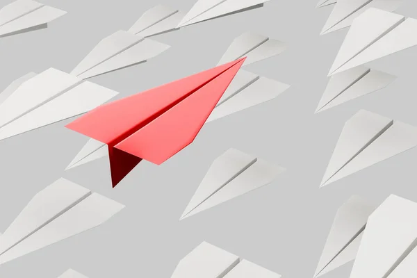 Red paper plane flying diagonally in different direction than white paper planes over white background. Concept of originality and being unique. 3d rendering
