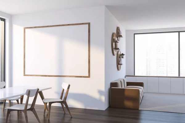 现代餐厅的角落 白色的木桌 米色的沙发和挂在白色墙上的大水平海报 渲染模拟 — 图库照片