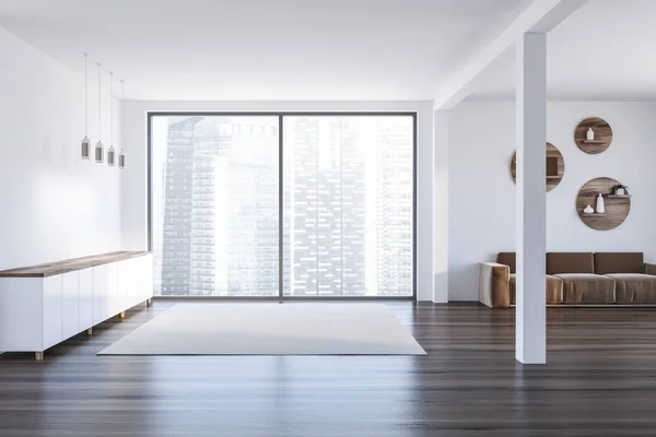 Interieur Van Een Woonkamer Met Witte Muren Donkere Houten Vloer — Stockfoto