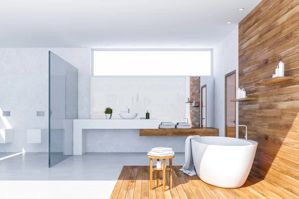 Interior Casa Banho Elegante Com Paredes Brancas Madeira Banheira Branca — Fotografia de Stock