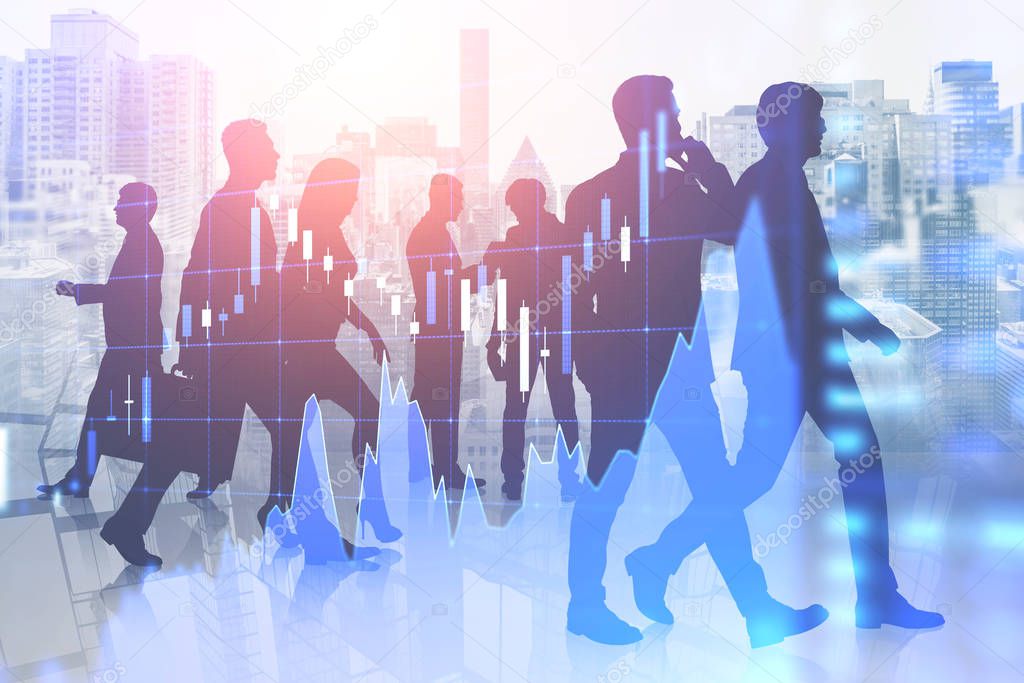 Silhouettes of business people working together and communicating over cityscape background with double exposure of forex graph. Stock market concept. Toned image