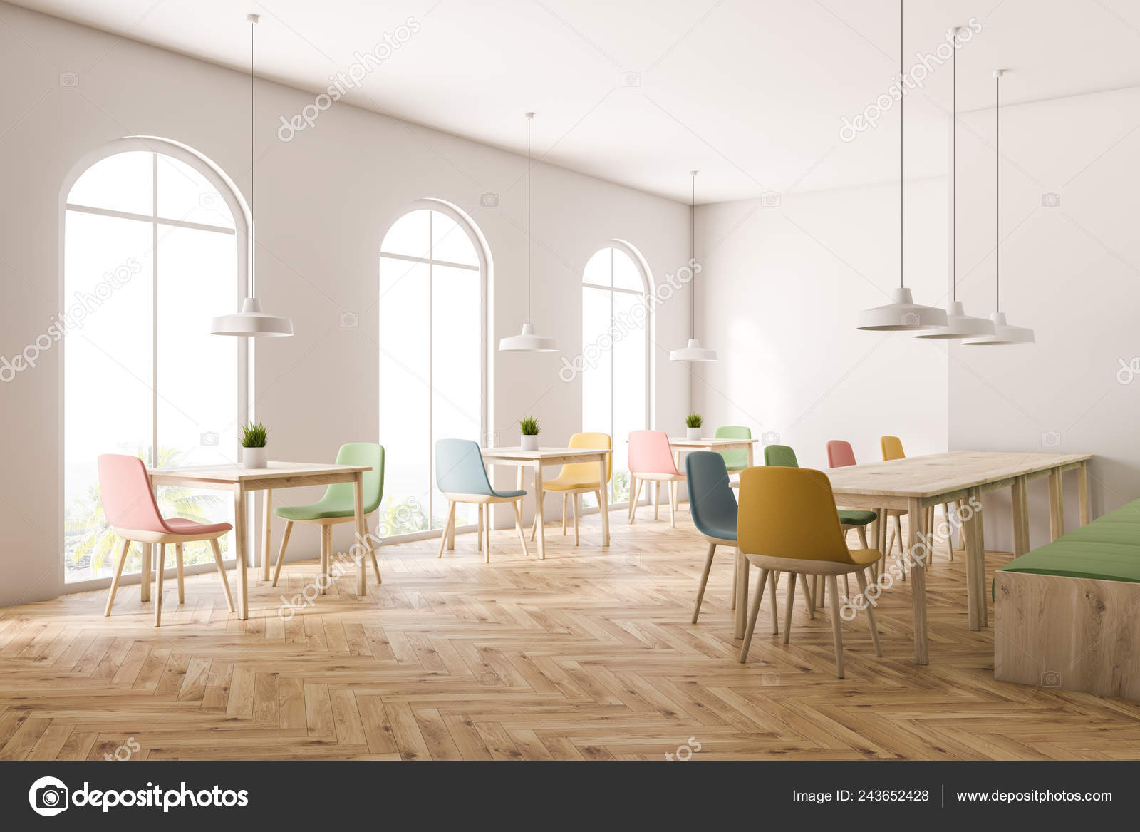 Corner Modern Cafe White Walls Wooden Floor Arched Windows Square