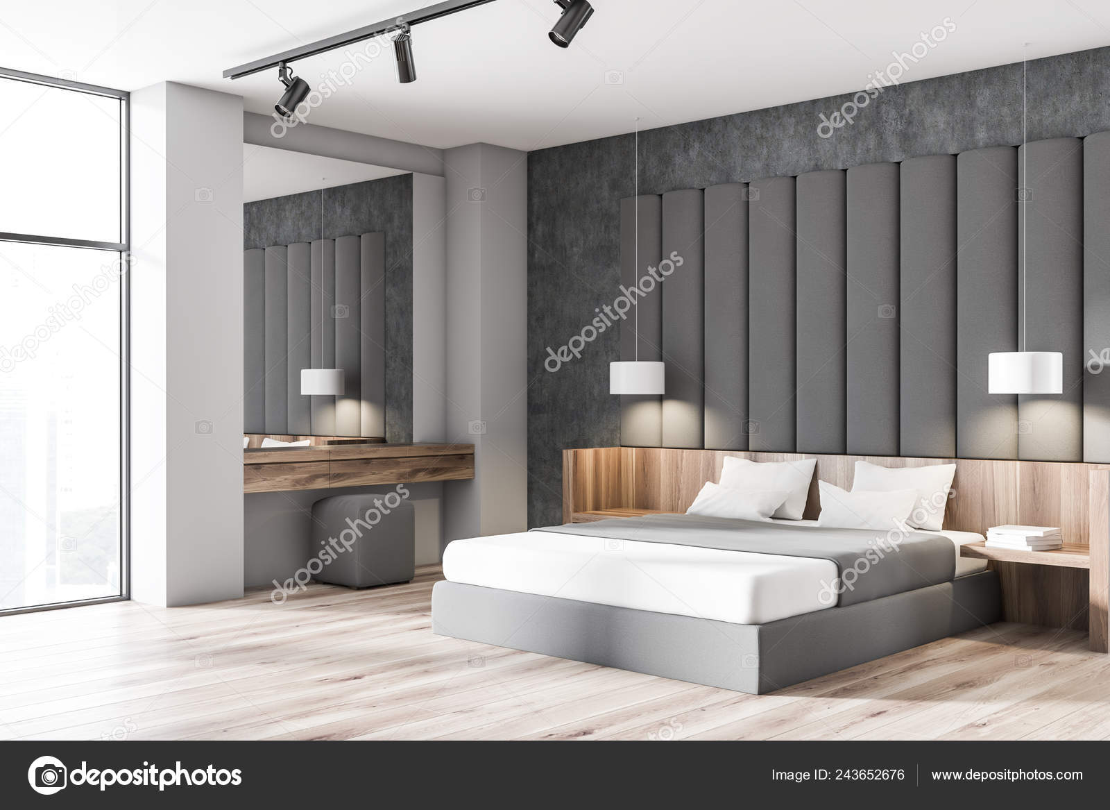 Corner Stylish Bedroom Concrete Gray White Walls Wooden