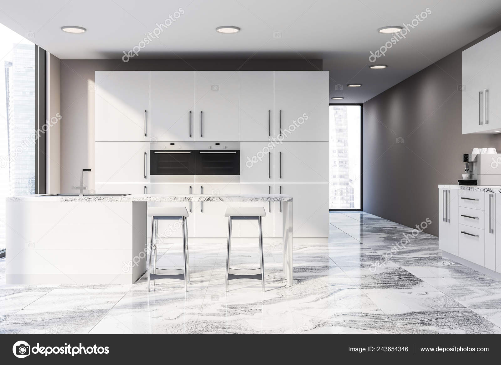 Interior Modern Kitchen Beige Walls Marble Floor White Bar Stools Stock Photo Image By C Denisismagilov Interior Modern Kitchen Beige Walls Marble Floor White Bar Stools Stock Photo Image By C Denisismagilov