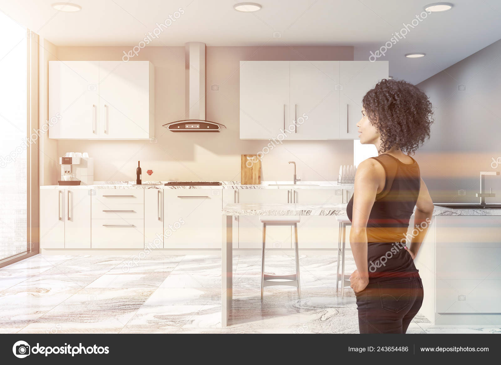 Woman Interior Stylish Kitchen Beige Walls White Marble Floor