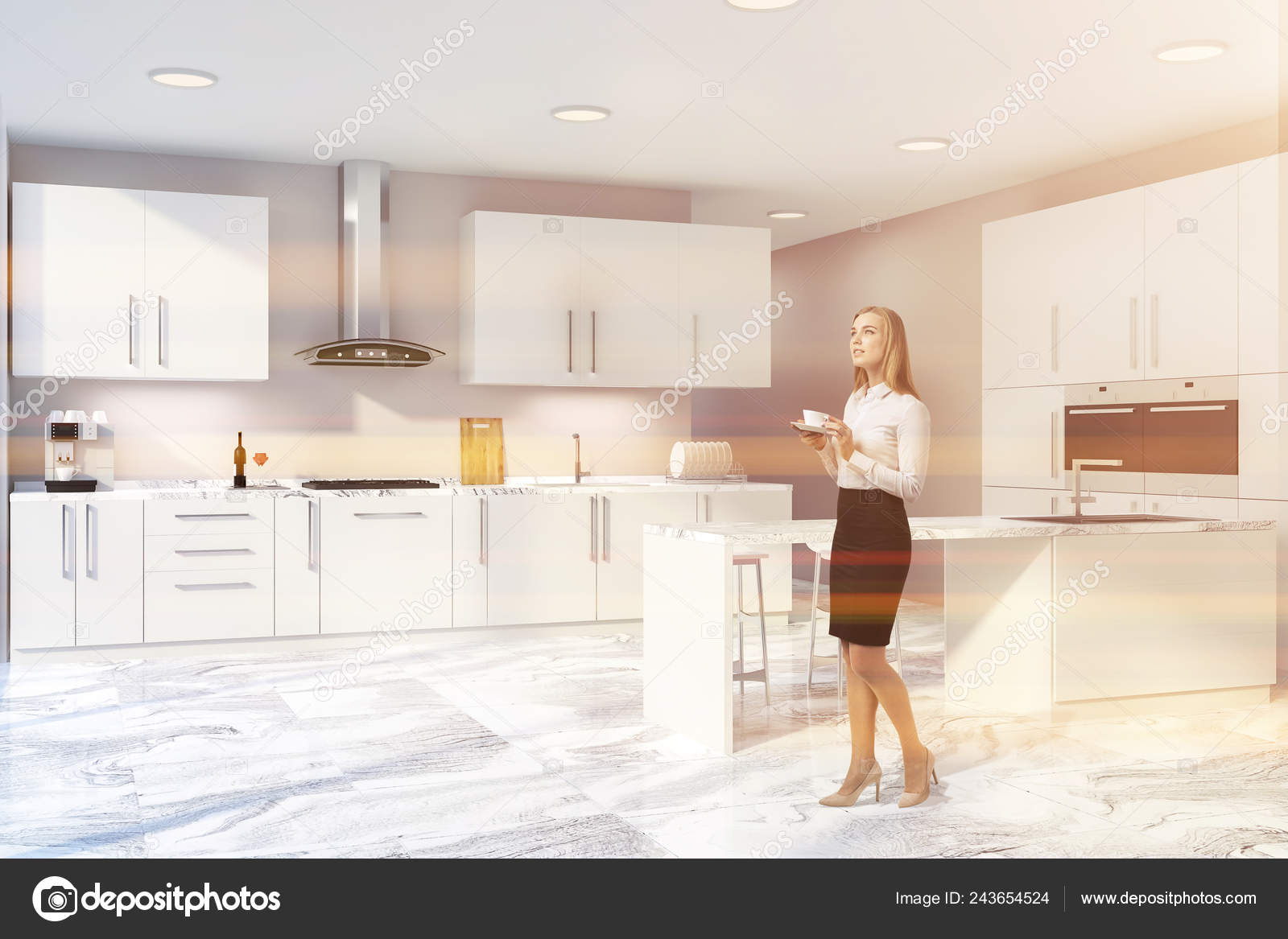 Woman Corner Modern Kitchen Beige Walls White Countertops Built