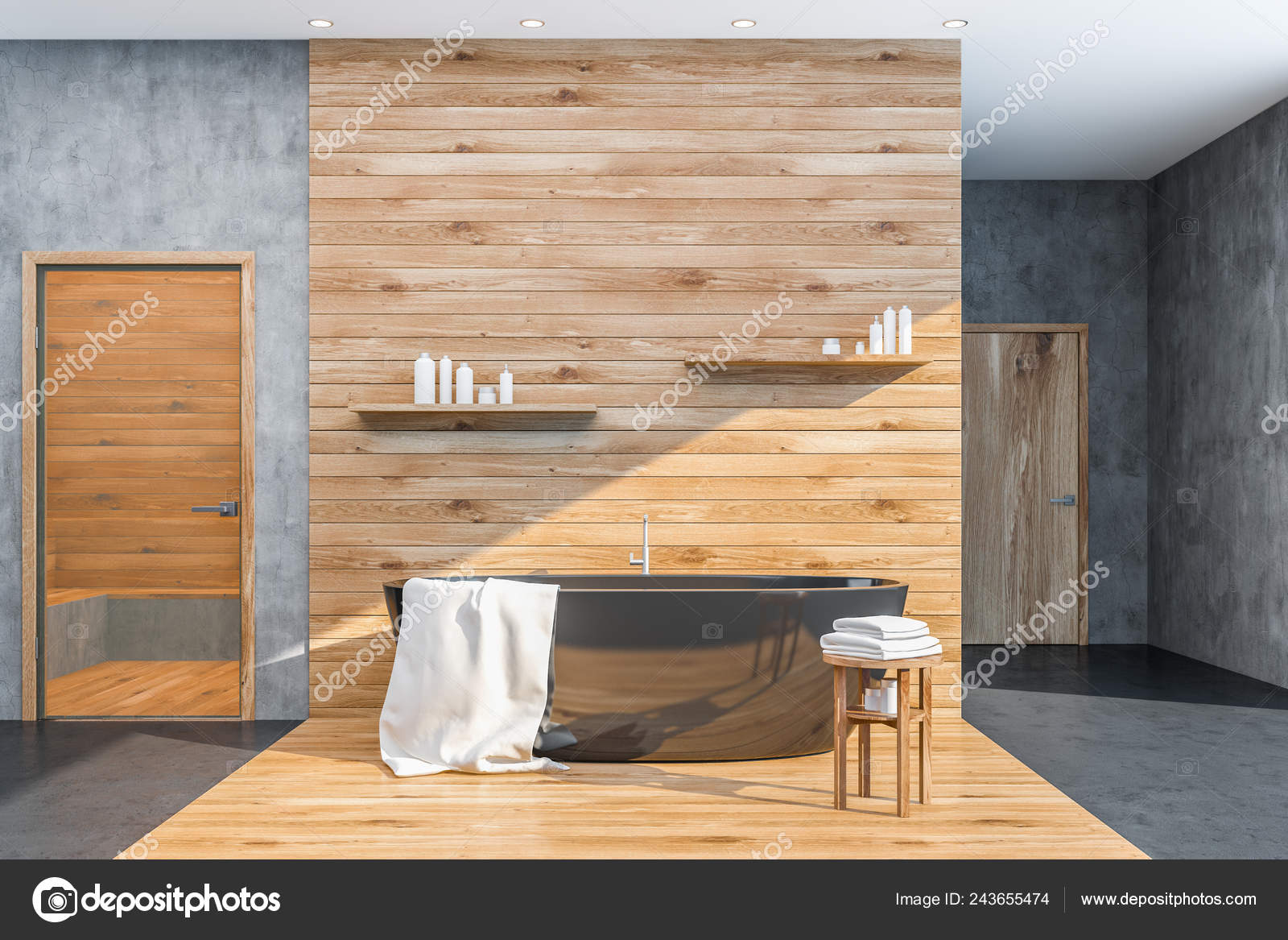 Interior Bathroom Concrete Wooden Walls Floor Black Bathtub