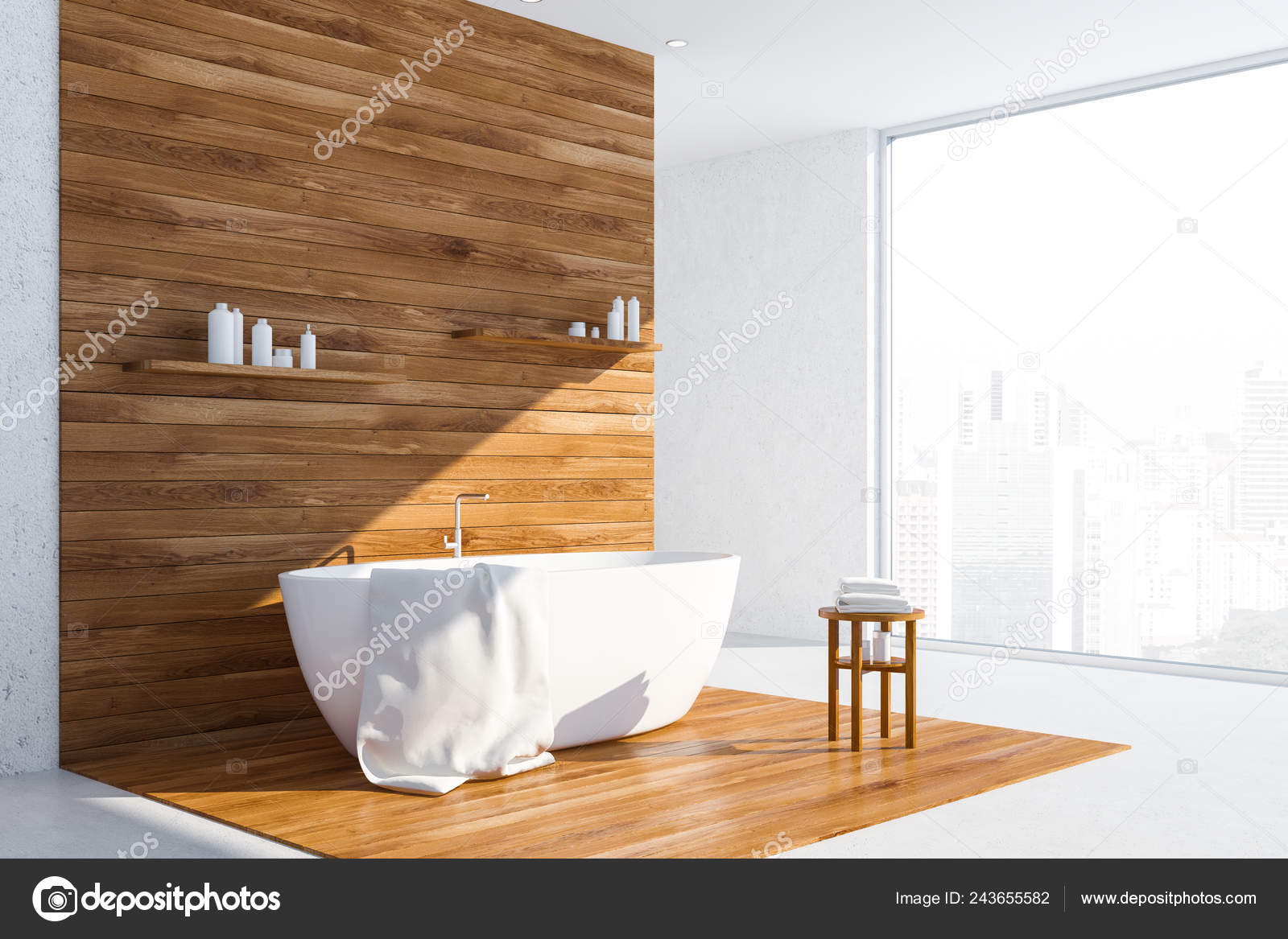 Bathroom Corner White Wooden Walls Floor Bathtub Shelves Towels Shampoo  Stock Photo by ©denisismagilov 210258976