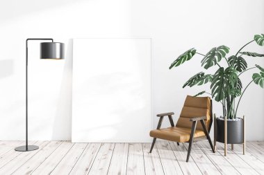 Beyaz duvarları, ahşap zemin, konforlu deri koltuk, Saksı bitki, zemin lamba ve dikey poster ile minimalist oturma odası iç. 3D render alay
