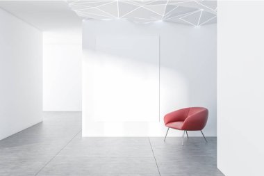 Beyaz duvarlı, kiremitli kat, boş koridor iç tavanı geometrik desen, dikey poster ve kırmızı koltuklar beyaz. 3D render alay