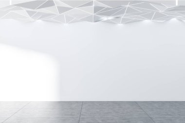 Beyaz duvarları, kiremitli kat ve geometrik desenli beyaz tavan ile boş oda iç. 3D render