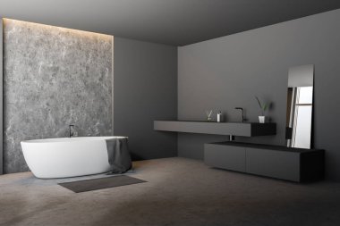 Gri ve beton duvarlar, beton zemin, havlu ile beyaz küvet banyo köşesinde ve uzun gri lavabo ayna ile. 3D render