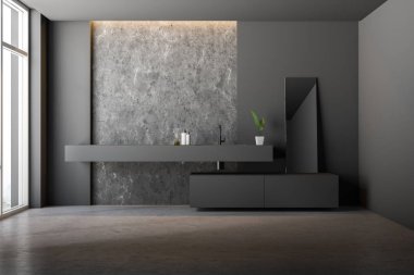 Gri ve beton duvarlar, beton zemin, geniş pencere ve uzun gri lavabo dolabı ve dikey ayna altında ile modern banyo iç. 3D render